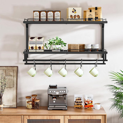 Pot Rack, Wall Mounted Pan Holder, 2-Tier Pot and Pan Organizer, Pot Hanger with 10 S-Shaped Hooks, Cookware Organizer with 5 Removable Metal Wire Dividers, Black