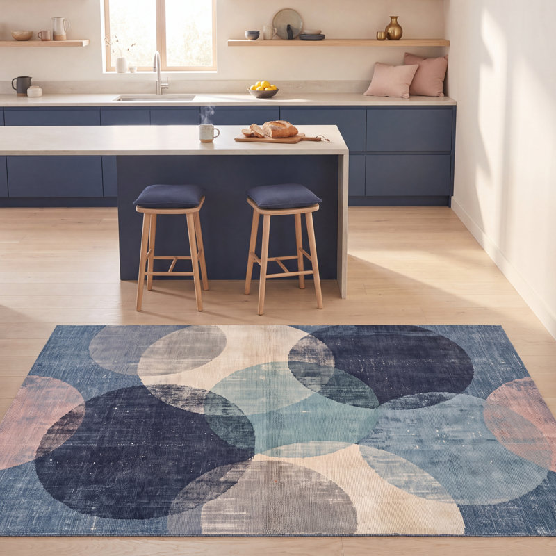 Tapis Canyon Modern Circles à motifs géométriques bleu marine, turquoise, gris, crème et rose, lavable à la machine, antidérapant, à poils courts, pour l'intérieur et l'extérieur, adapté aux animaux domestiques, idéal pour le salon, la chambre, la salle à manger, l'entrée, le couloir ou le bureau.