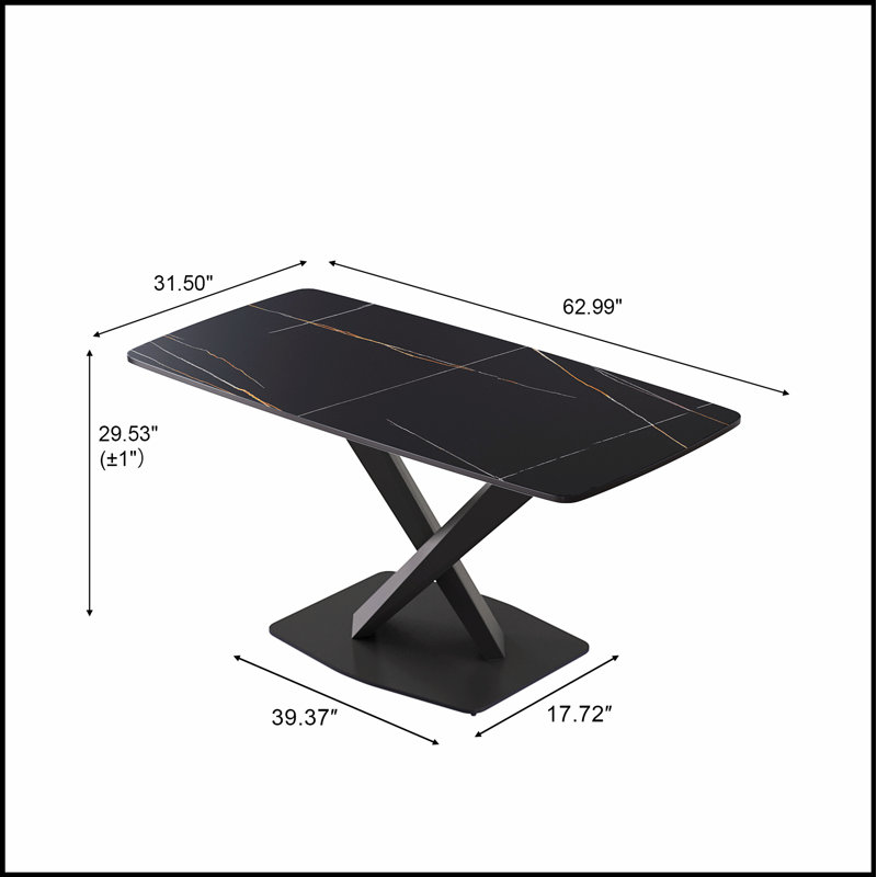 Table de salle à manger moderne en pierre artificielle noire avec pieds en métal pour six personnes, Noir