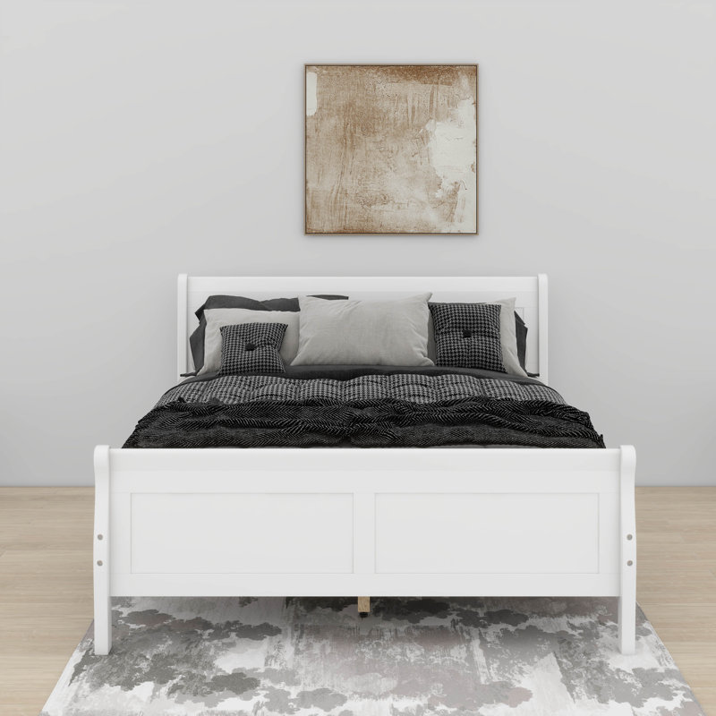 Lit plateforme double en bois avec tête de lit, Blanc, Lit double