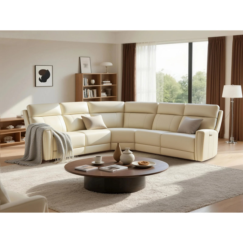 Avani 5-Piece, 2 Power Recliners Leather Reclining Sectional, Power Headrest, Cream Genuine Leather, Power-Dial