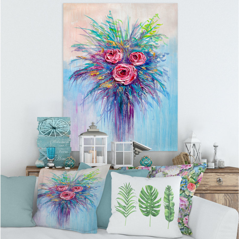 Bouquet de roses rouges sur fond bleu - peinture sur toile, H 20 po x l 12 po x P 1po, Toile tendue