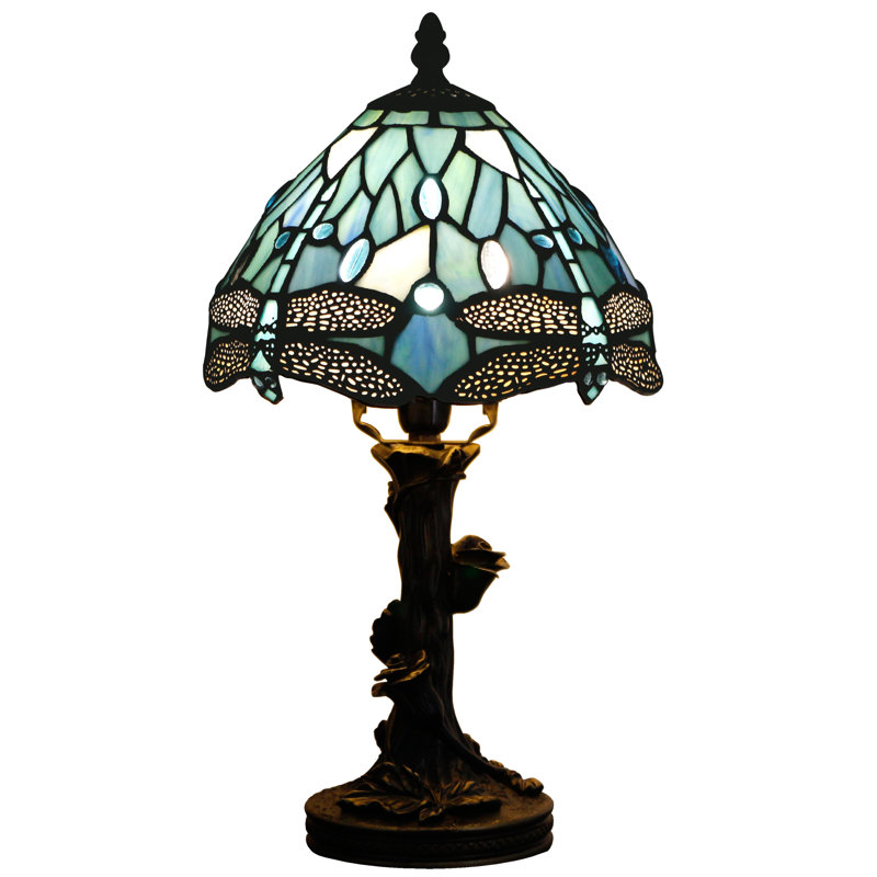 Small Tiffany Lamp Stained Glass Desk Lamp Sea Blue Dragonfly Style Bedside Desk Light Mini Accent Desk Memory Lamp 8X15 Inch