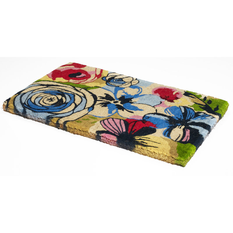 Dekel Watercolor Floral Coconut Coir Entryway Doormat, 18" x 30" Thick