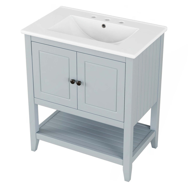 30" Modern Sleek Bathroom Vanity Elegant Ceramic Sink With Solid Wood Frame Open Style Shelf & Door Shelf Design, Grey