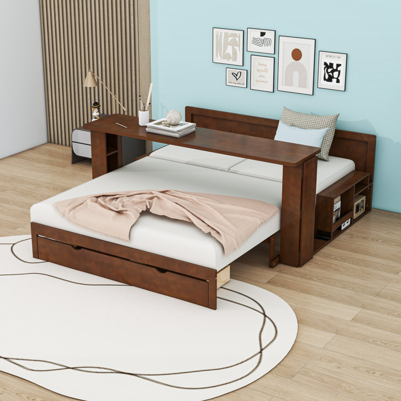 Multifunctional Wood Convertible Daybed with Built-in Desk, Storage Drawer, Espresso, Queen
