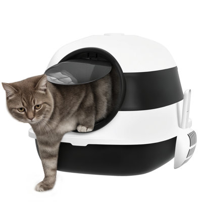 Bac à litière pour chat avec couvercle, bac à litière couvert avec côtés hauts, assainisseur d'air, grand bac à litière à double entrée pour chat, pliable, facile à nettoyer, blanc et gris