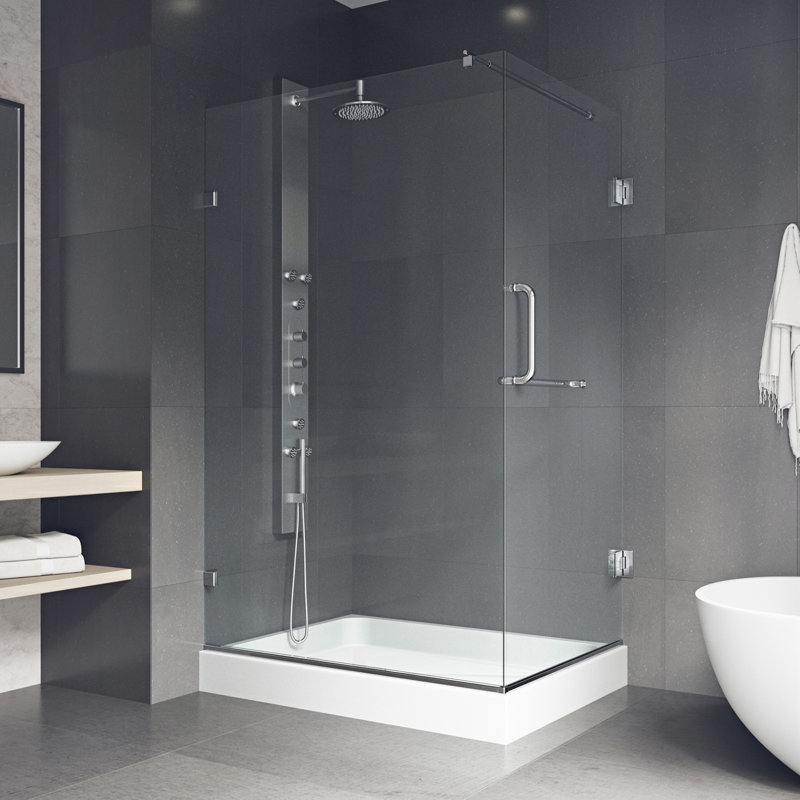 Cabine de douche à charnière sans cadre avec verre transparent 3/8 et base Pacifica l 36 po x P 48 po x H 79 po, Chrome