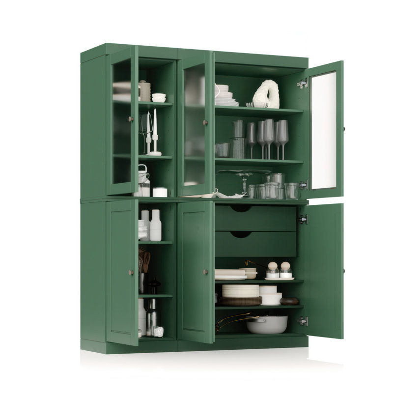 Vaisselier 100% bois massif 48,5 po avec verre givré, portes solides, 2 tiroirs et tablettes réglables, Vert