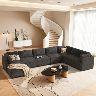 Modular L-shaped Sectional Plush Corduroy Sofa With Movable Ottoman