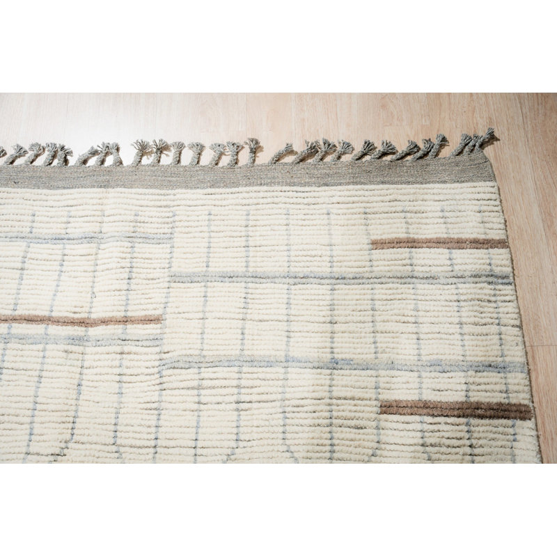 8x11 Ivory Hand-Knotted Wool Staircase Motif Geometric Modern Contemporary Carpet Rug