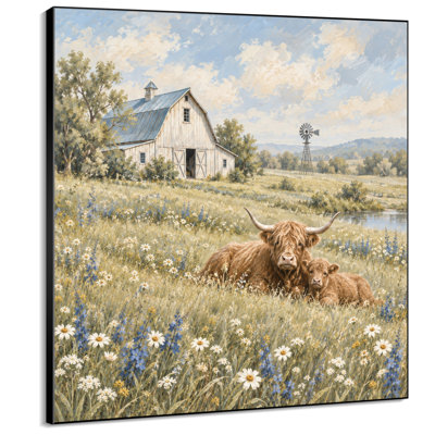 Impression sur tissu grand format - Vache des Highlands et son veau dans une ferme de fleurs sauvages avec grange, pour salon ou chambre - « Assemblage du cadre requis (cadre non fini) »