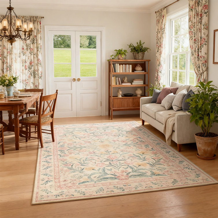 Machine-washable pink carpet Bohemian floral carpet