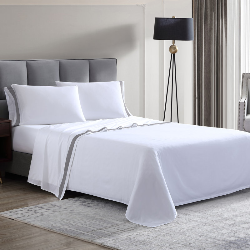 300 Thread Count Cotton Quality Sateen Sheet Set, Full Sheet Set + 1 Fitted Sheet + 2 Pillowcases, White/Gray