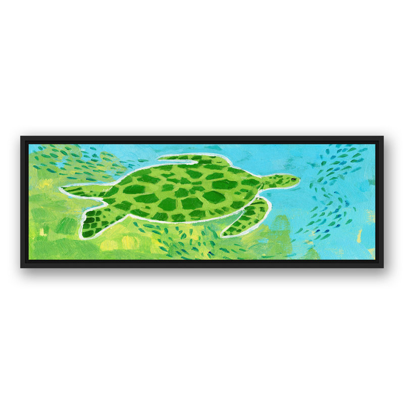 Tortue de mer brillante sur toile, H 13,75 po x l 37,75 po x P 1,75 po, Cadre flottant noir