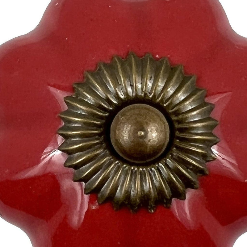 Set of Six Red Flower Shape Ceramic Drawer Pull Knobs