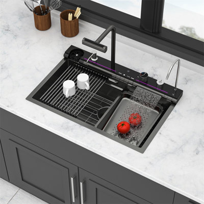 30" Gunmetal Black Kitchen Sink Waterfall Sink - 30 X 19 X 9 Inch Multifunction Single Bowl 16 Gauge Stainless Steel Ledge Workstation Smart Digital Features Top Mount Kitchen Sinks