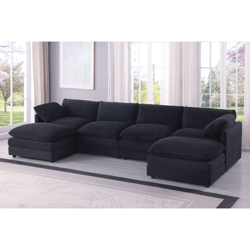 Canapé modulaire 145 po en forme de U avec repose-pieds amovible, Velours côtelé noir