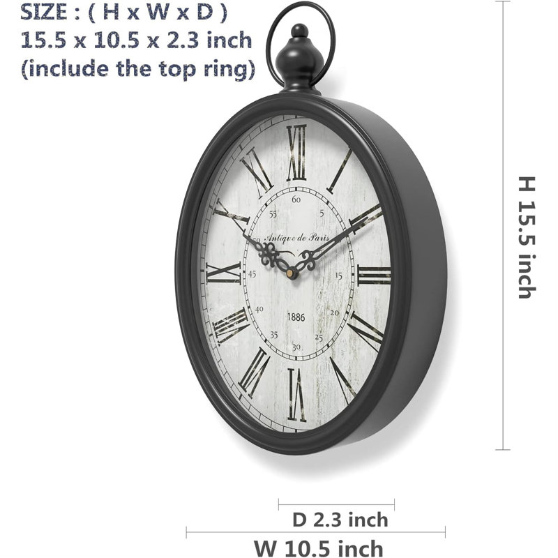 Grande horloge murale ovale rétro, style rustique vintage, noir antique