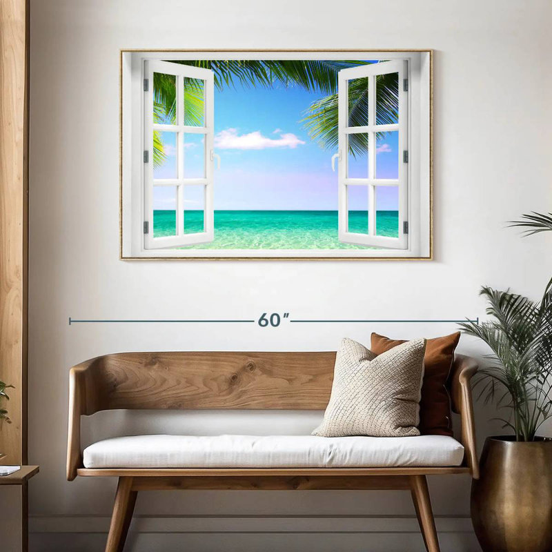 Fenêtre sur la plage turquoise, Cadre flottant en bois naturel, 25 po x 17 po