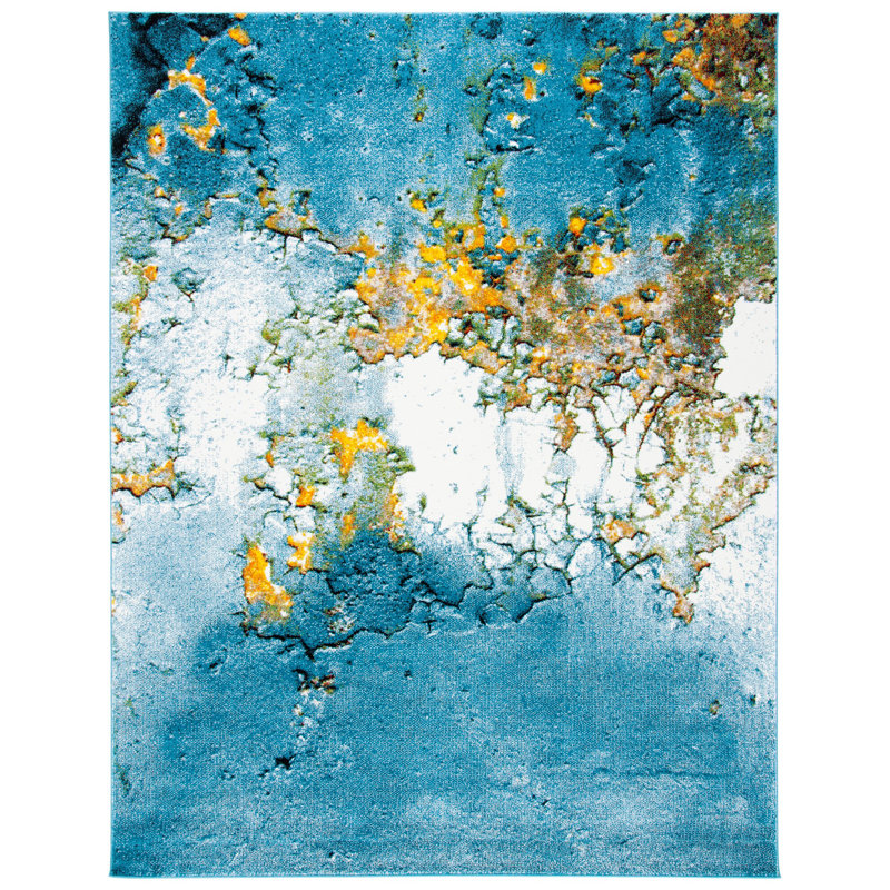 Tapis bleu / doré à motif abstrait Jaxen, Rectangle 10 pi 6 po x 14 pi