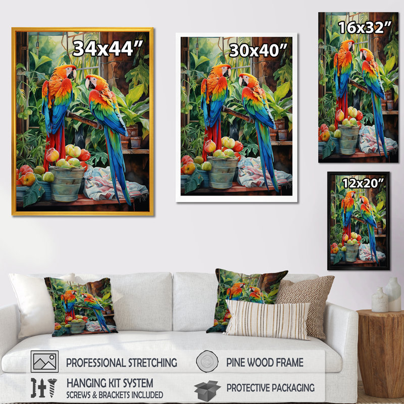 Rouge perroquet paradis II - art mural perroquet, Cadre photo noir, H 44 po x l 34 po x P 1,5 po