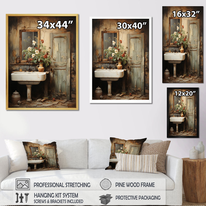 Cluny Bathroom Rustic Charm II Framed On Canvas Print, Floater Framed Print, 32" H x 16" W, White