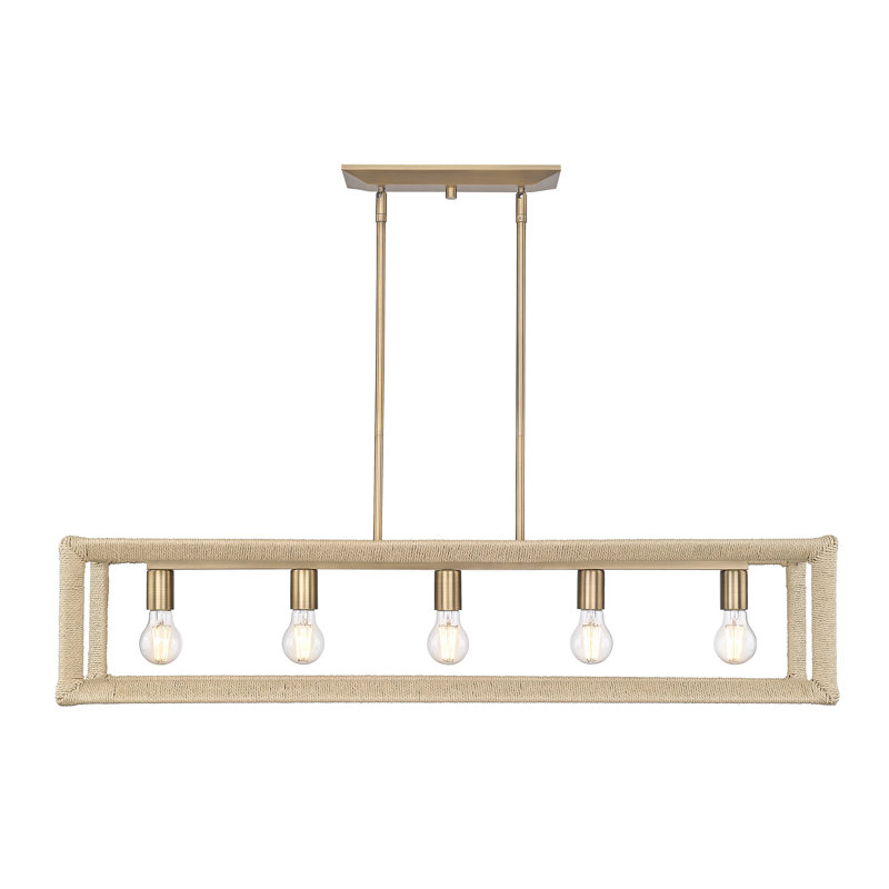 Luminaire suspendu linéaire à 5 lumières Jarim en laiton moderne avec des accents de rotin naturel clair