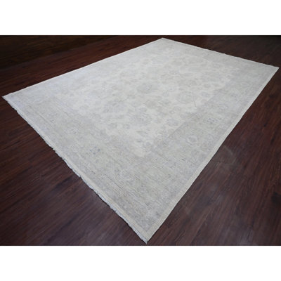 9'8"x13'8" Whisper White, Washed Out Peshawar with All Over Leaf Design, Hand Knotted, Vegetable Dyes, 100% Wool, Oriental Rug