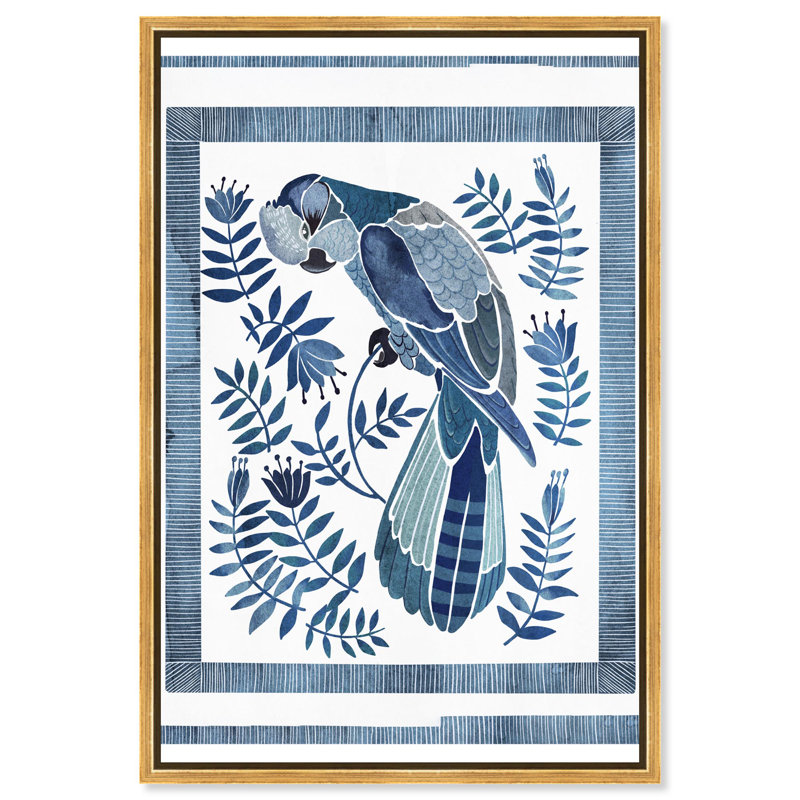 «Cockatoo Chinoiserie Blue Decor» par Art Remedy, H 20 po x l 24 po, Cadre doré