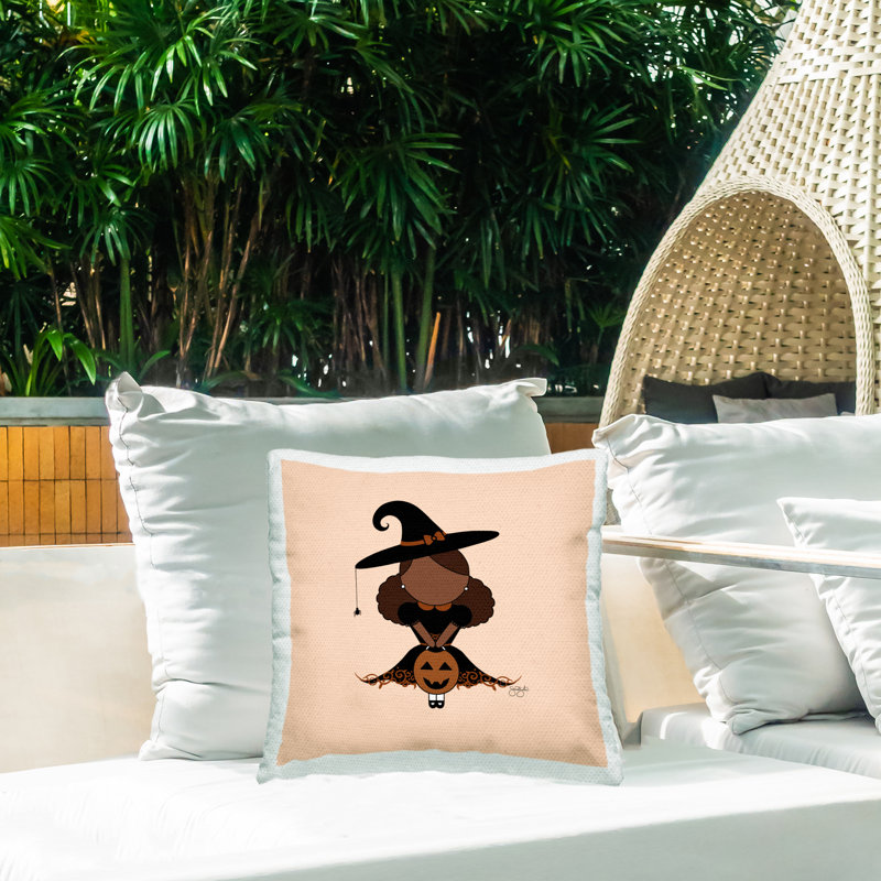 Trick Or Treat Witch Outdoor Printed Pillow design by Sierra Siler, Beige/Black Girl