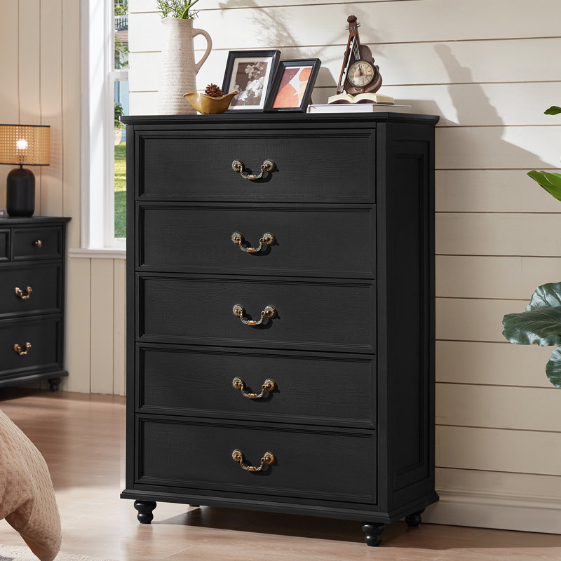 Farmhouse 5 Drawer Dresser For Bedroom, 45" Tall Vinatge Chests Of Drawers W/ 4 Solid Gourd Feet, Mid Century Modern Boho Wood Closet Storage Dressers Organizer For Living Room