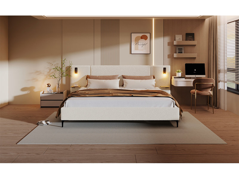 Lit tapissier Chic Boucle avec lumières et tablettes intégrées, blanc, très grand, Blanc, Très grand lit