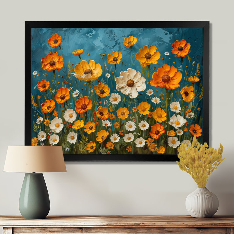 Décoration murale jaune jaune blanc Summer Meadow Marigolds II - souci, H 12 po x l 20 po, Cadre simple noir, bois massif