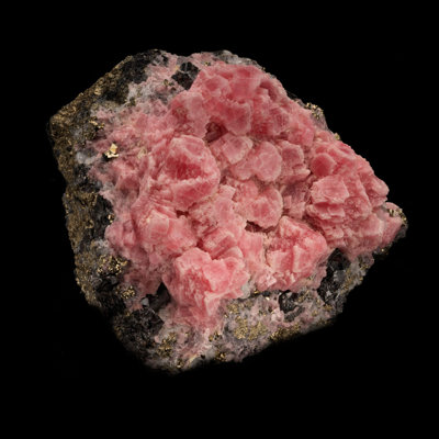 Rhodochrosite sur pyrite et tétrahédrite du Pérou
