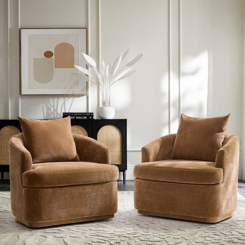 Berklie 31"W Modern Chenille Swivel Armchair With Ergonomic Backrest And Solid Wood Legs, Caramel