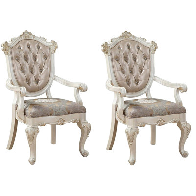 Chaise avec accoudoirs or rose et blanc perle (2 pièces) - Assise avec motifs floraux en bois à volutes 2 po Coussin en tissu doux Détails élégants capitonnés