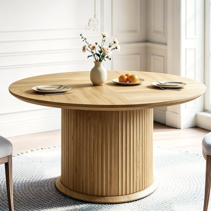 47" Fluted Round Dining Table For 6 With Thickened Edge & Cylindrical Base, Natural Oak