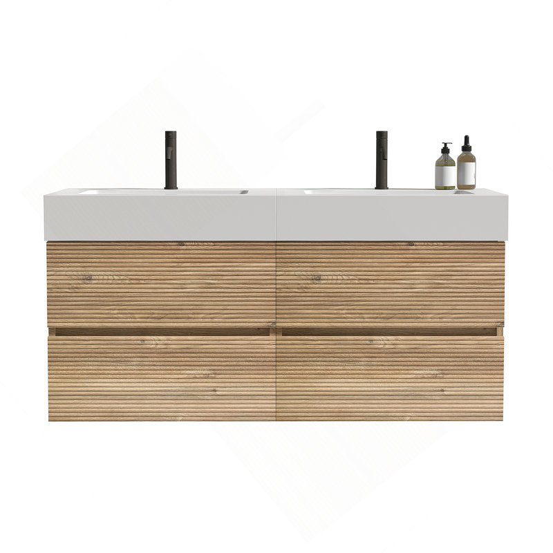 Meuble-lavabo Grace de 48 po avec lavabo en quartz d'ingénierie et tiroirs noirs doux, meuble-lavabo mural flottant pour salle de bain moderne, lavabo une pièce blanc brillant, KD