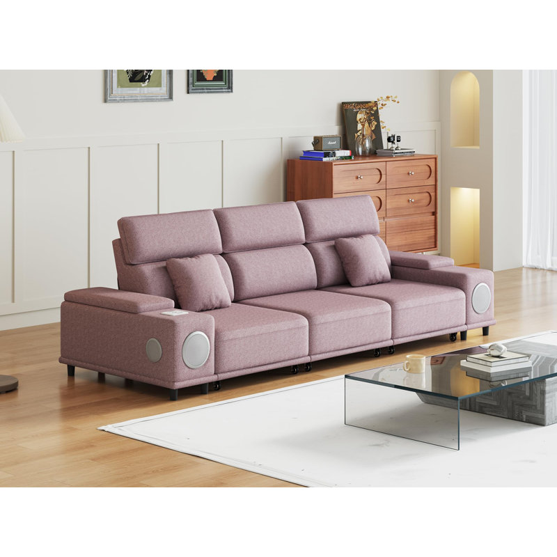Canapé inclinable électrique moderne à 3 places avec haut-parleurs Bluetooth, recharge sans fil et ports USB, Rose clair