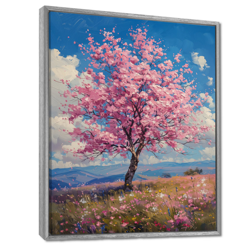 Décoration florale de cerisier rose bleu - III, H 16 po x l 32 po x P 1 po, Toile argentée avec cadre flottant