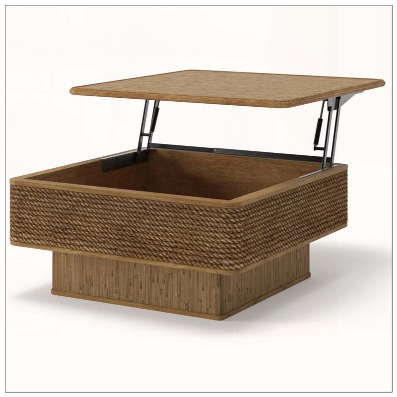 Table basse carrée en rotin et corde de chanvre avec rangement réglable