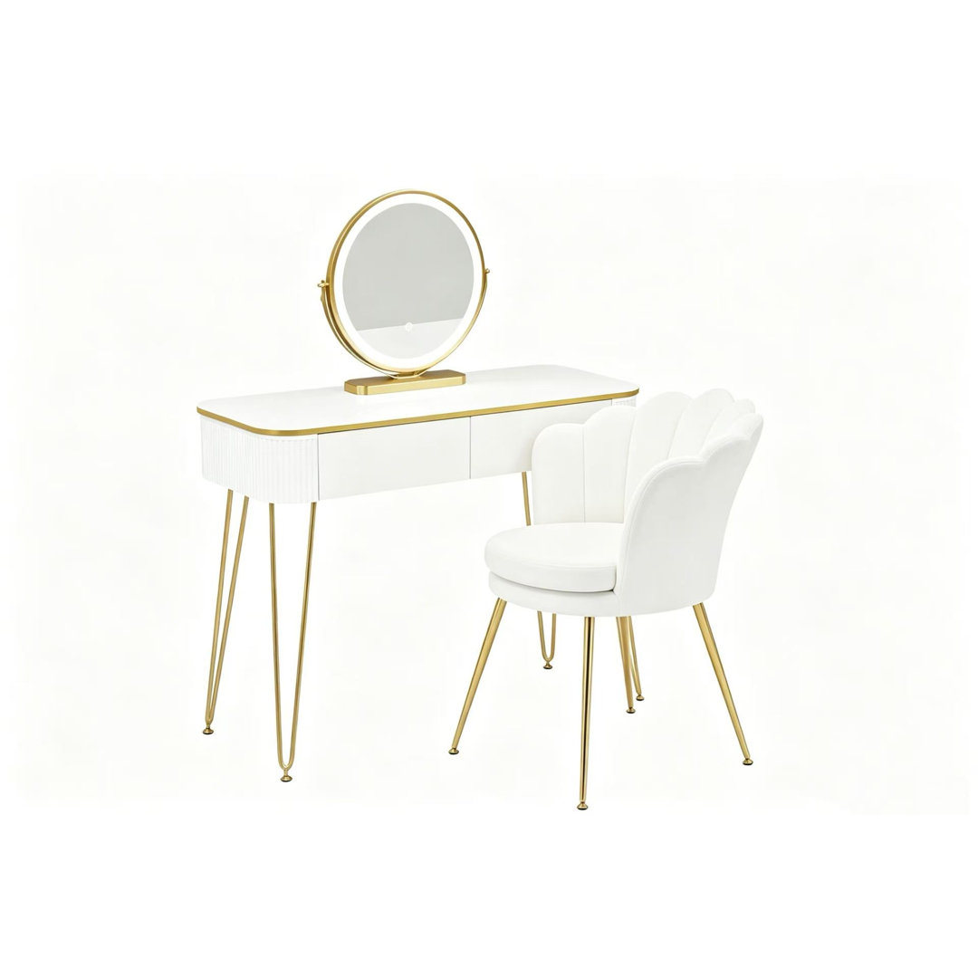 Vanity Table Set With Round Led Mirror & Floral Velvet Stool, Gold Metal Leg Makeup Desk With 2 Drawers, 3 Color Dimmable Lights, Hidden Pull Handles