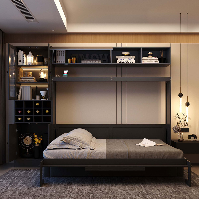 Lit escamotable double pleine grandeur avec canapé, tablettes USB et lumière, Grey