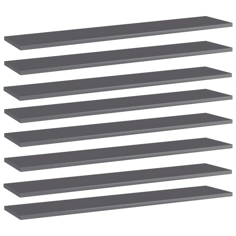 Bookshelf Boards 8 pcs Engineered Wood, High Gloss Gray, (8 Shelves) 0.59" H x 39.37" W x 7.87" D