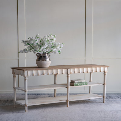 63x19.5x35.5" Three-Tiered Wooden Console Table With Distressed White And Beige Finish