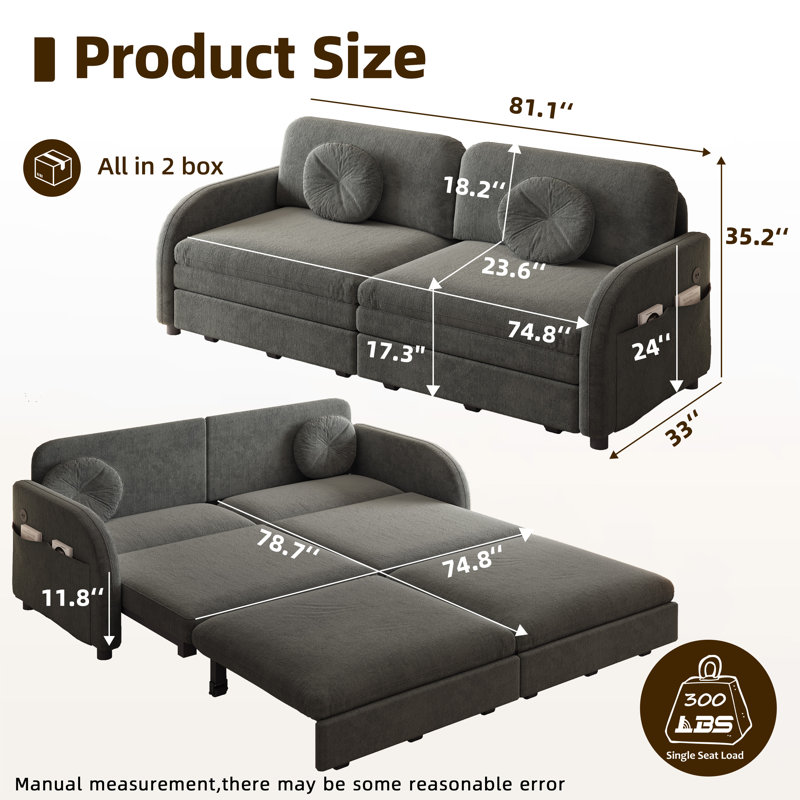 81.1" Fabric Upholstered Multifunctional Pull-Out Couch Bed, 35.2" H x 81.1" W x 33" D, Dark Gray