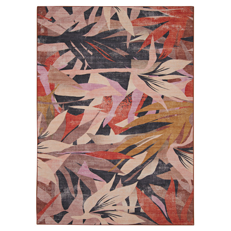 Tapis orange lavable floral Kivett, Rectangle 7 pi x 9 pi