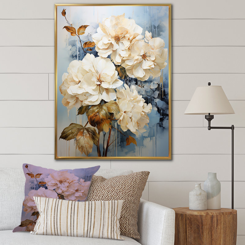 «Minimal Beige Hydrangea Grace», reproduction sur toile, H 44 po x l 34 po x P 1,5 po, Cadre flottant doré
