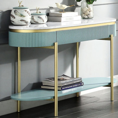 Table de couloir bleu sarcelle avec plateau en faux marbre blanc et glissières à roulement